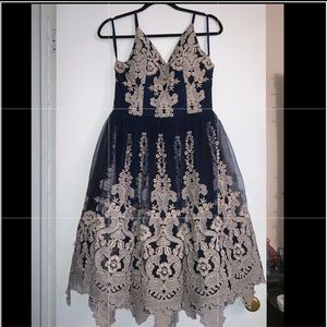 Chi Chi London Navy and Cream Tulle Dress